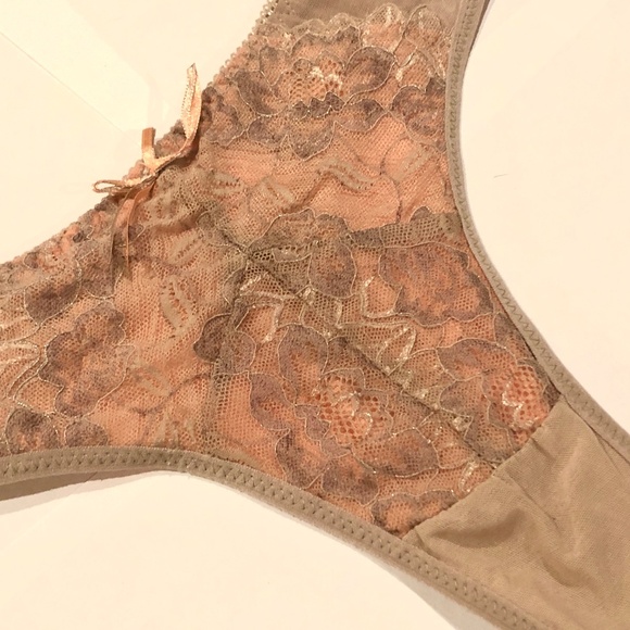 3/$32 VTG Y2K Khaki Mesh & Lace Over Peach Lining Sexy Thong Panties~7~NWT - Picture 3 of 6